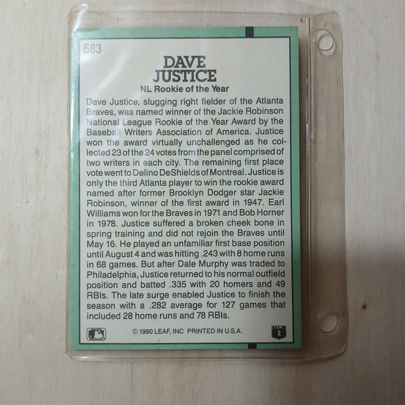 Dave Justice ROTY Error Card - Picture 2 of 3